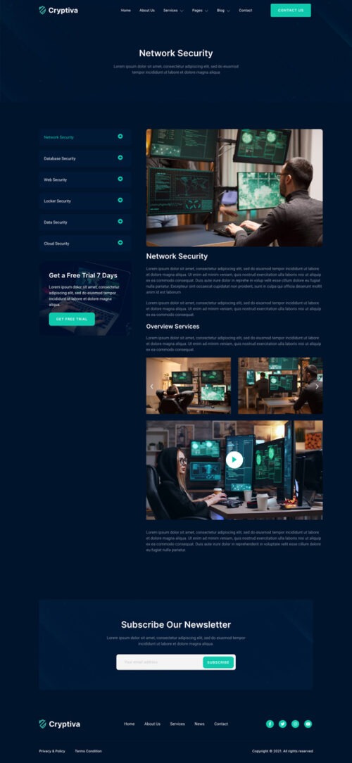 Cybersecurity website template with blog and news sections for thought leadership.