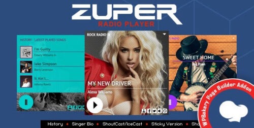 A sleek radio player embedded in a WordPress website, showcasing the Zuper Premium Radio Player interface with a live Shoutcast stream playing.