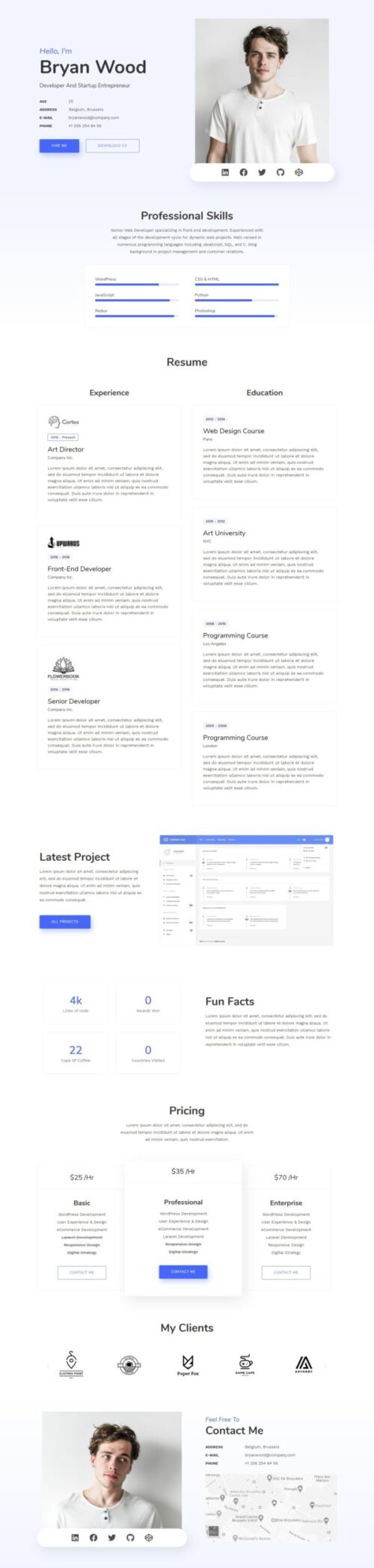 A freelancer's website built with Careerster, featuring their services and testimonials.