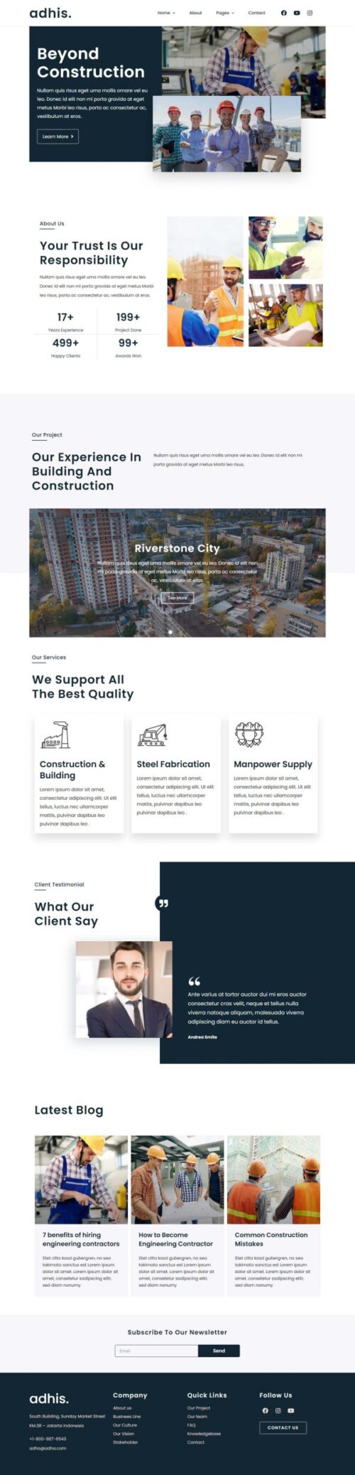 A modern, professional construction website homepage created with Adhis Elementor templates.