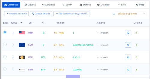 Screenshot of WOOCS settings page showing various currency options and exchange rate settings.