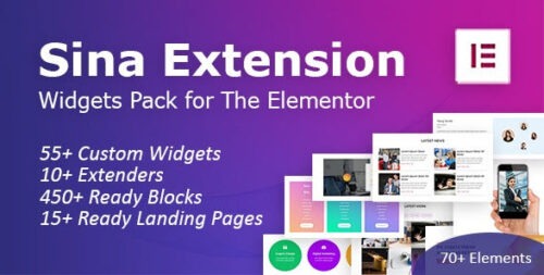 A WordPress website built with Elementor, showcasing various widgets from Sina Premium Extension