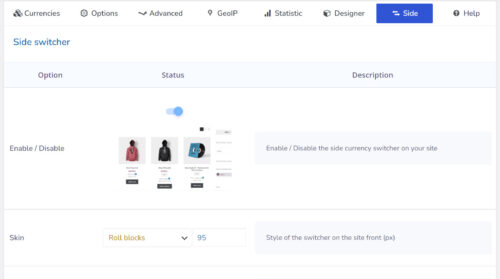 A WordPress dashboard with the WOOCS plugin settings page open, showing options for auto-updating exchange rates.