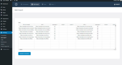 A WordPress user navigating the "Connections" menu of the Hreflang Manager plugin to link different language versions of a page.