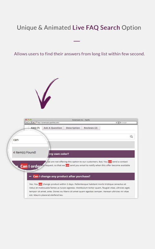 "Live Search feature of the BWL Advanced FAQ Manager plugin, enhancing user experience."